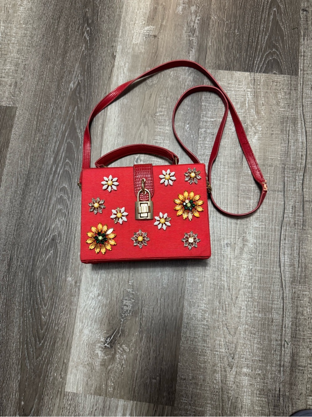 Red Embellished Crossbody Bag with Floral Jewels